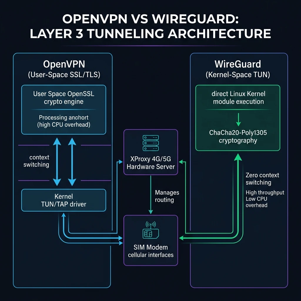 OpenVPN vs WireGuard Layer 3 Tunneling Architecture Diagram