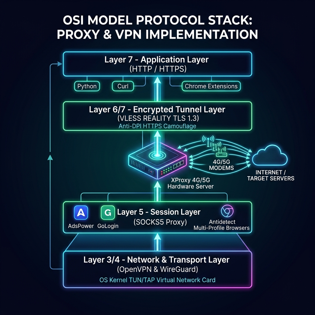 OSI 7-Layer Network Architecture for HTTP SOCKS5 VLESS OpenVPN WireGuard