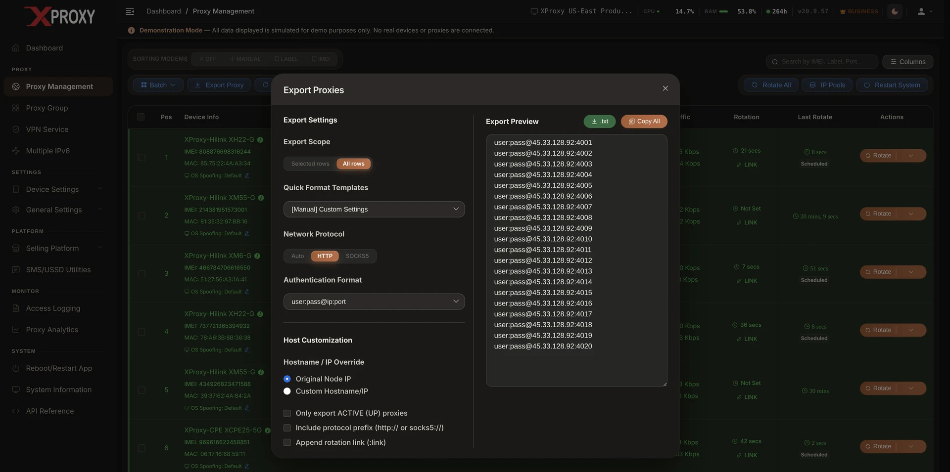 XProxy HTTP Proxy Configuration Export Interface