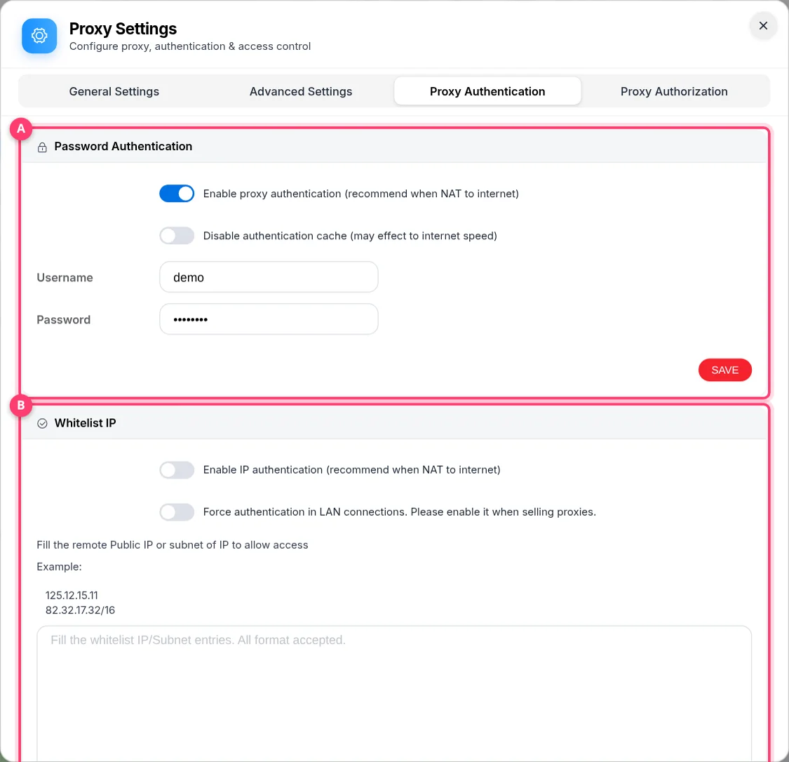 Proxy Authentication tab with Password Authentication and Whitelist IP cards