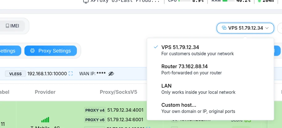 Connect via menu with VPS, Router, LAN and Custom host options