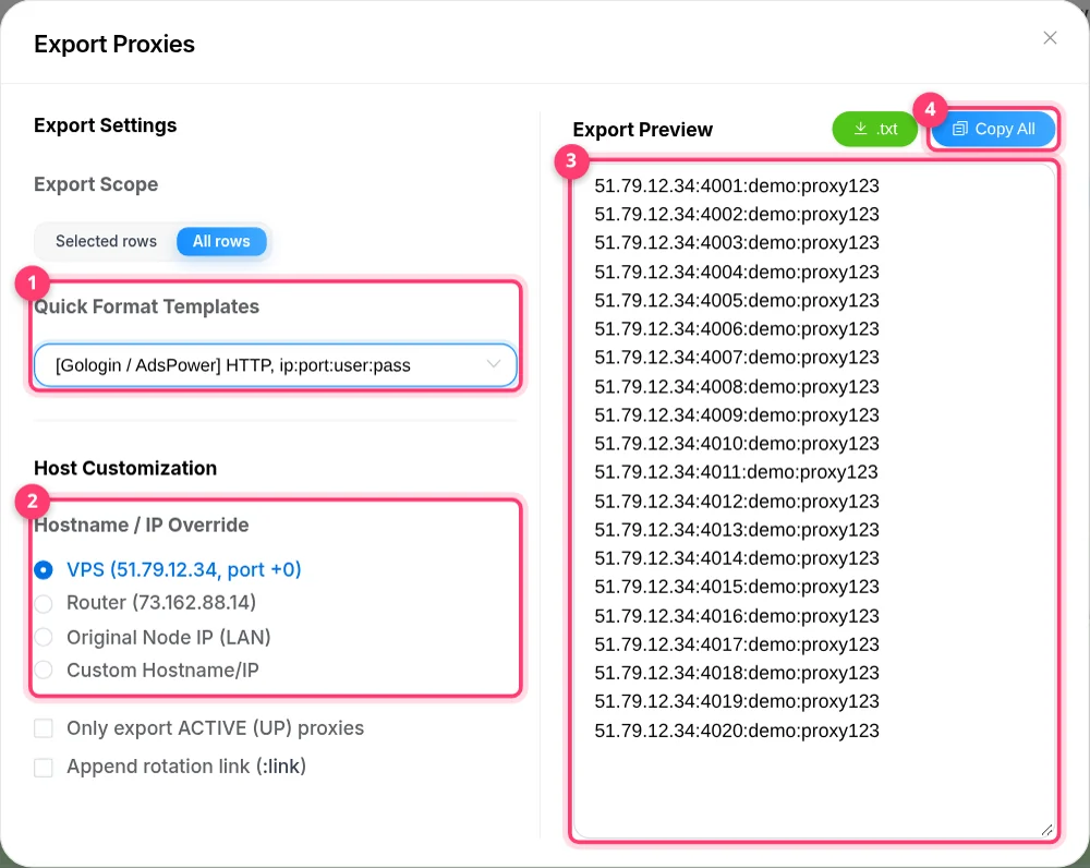 Export Proxies dialog with Quick Format Templates, Hostname override, preview and Copy All
