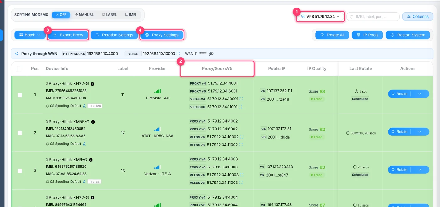 Proxy Management page with the Connect via selector, the Proxy/SocksV5 column, Export Proxy and Proxy Settings buttons