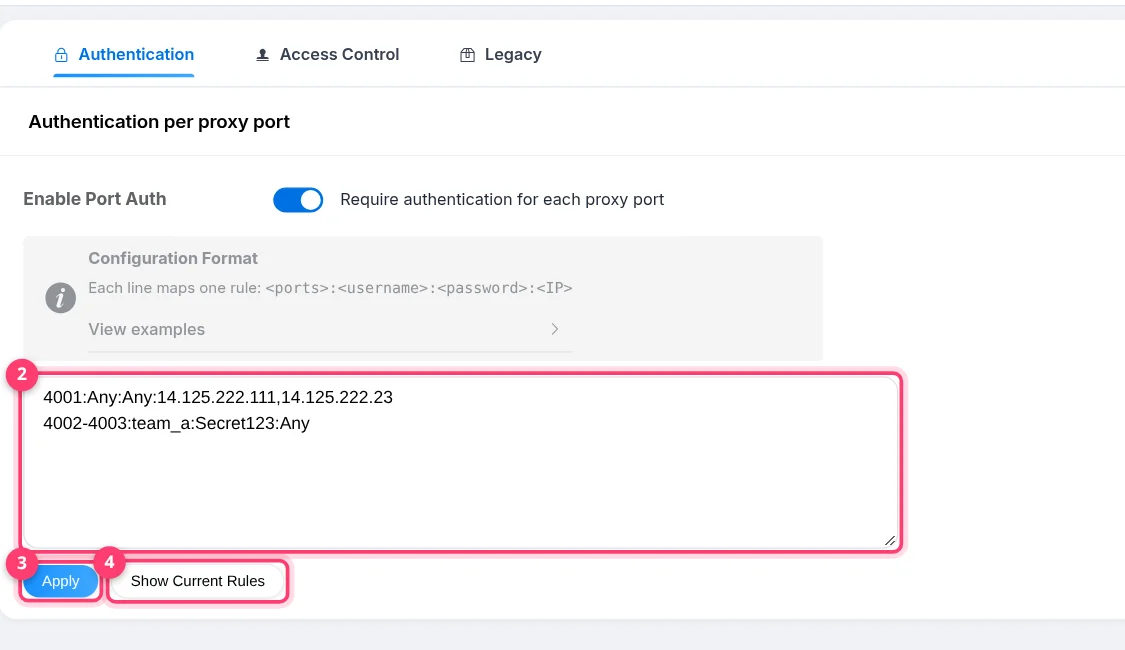 Authentication per proxy port with rules textarea, Apply and Show Current Rules buttons