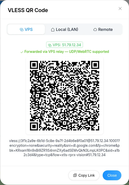 VLESS QR Code dialog, VPS tab