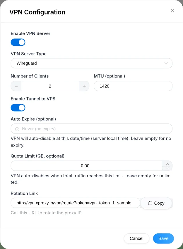 VPN Configuration dialog with WireGuard selected