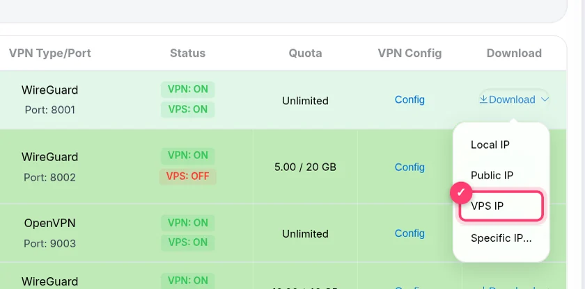 Download menu with Local IP, Public IP, VPS IP and Specific IP options
