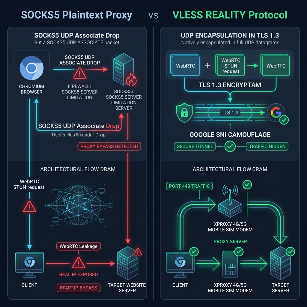 SOCKS5 WebRTC Leak vs VLESS REALITY Protocol Comparison Diagram