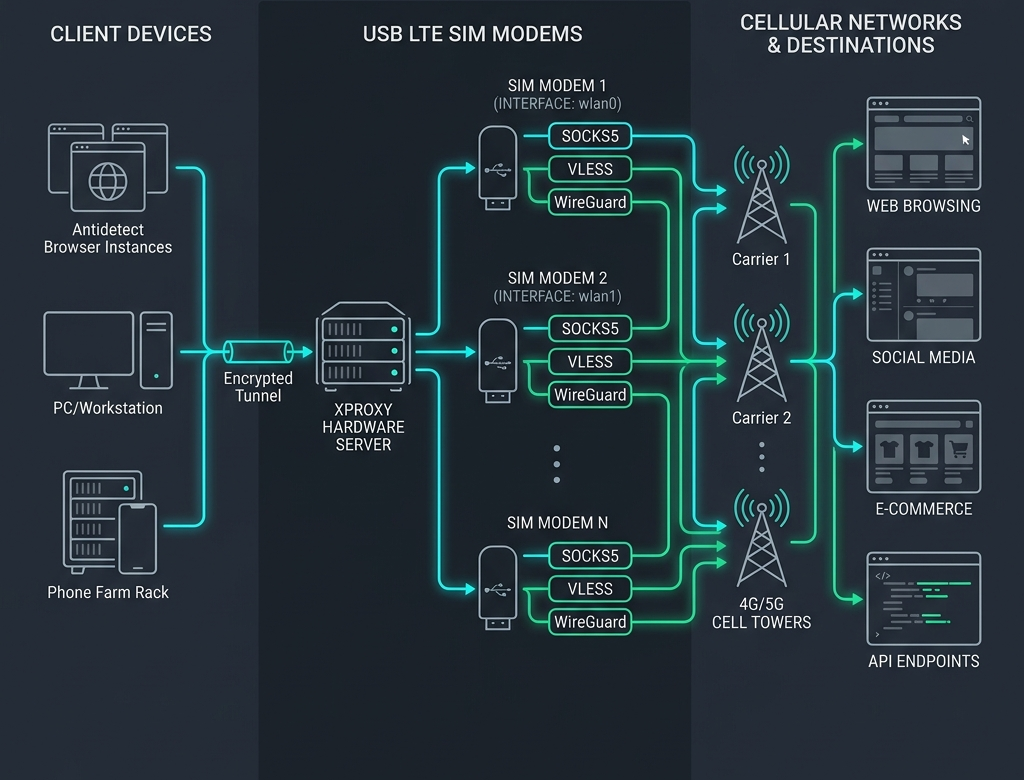 How XProxy Hardware Server Routes SOCKS5 VLESS WireGuard Per 4G 5G SIM Modem Interface Diagram