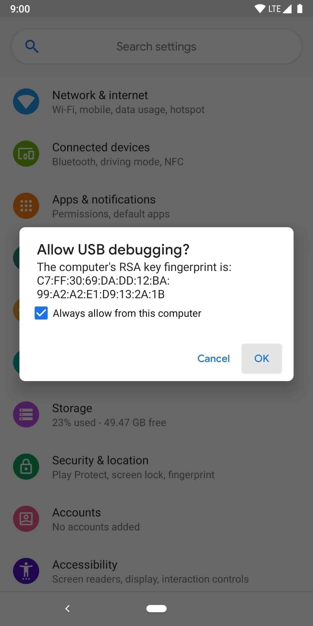 Tap Always allow for USB debugging