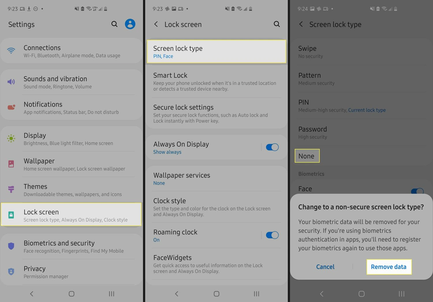 Disable screen lock on Android