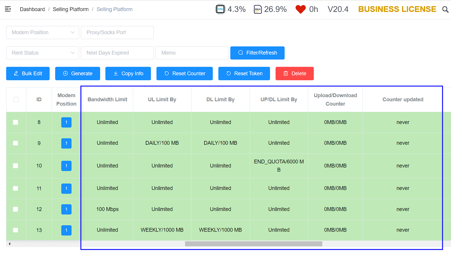 Upload/download quota counter