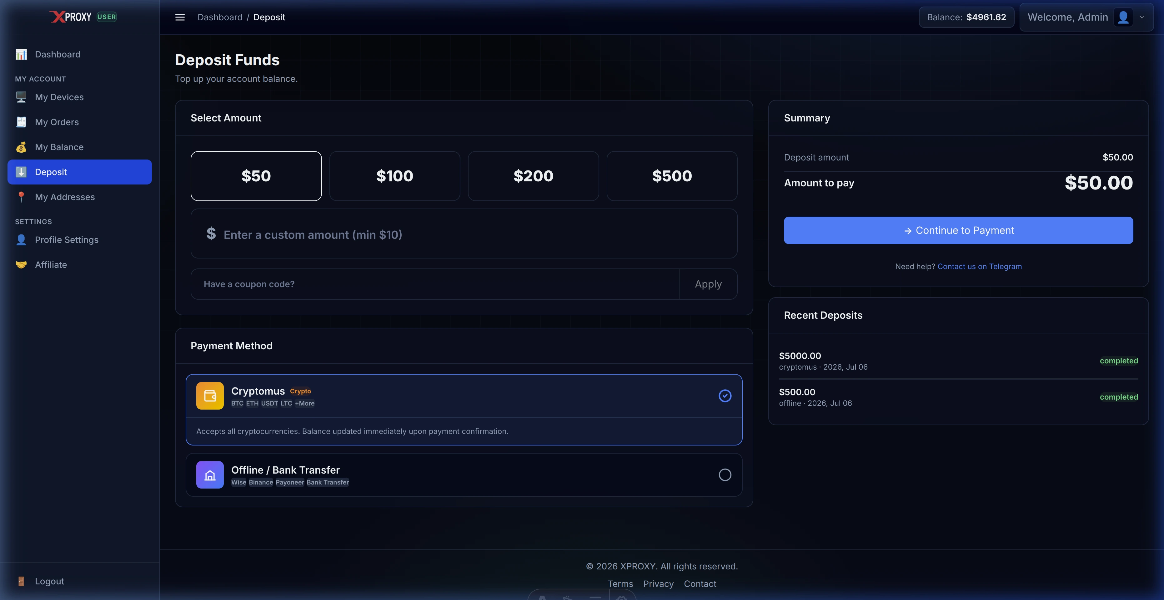 XProxy Deposit Page Interface