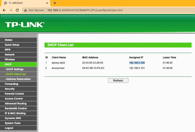 Router DHCP client list showing xproxy