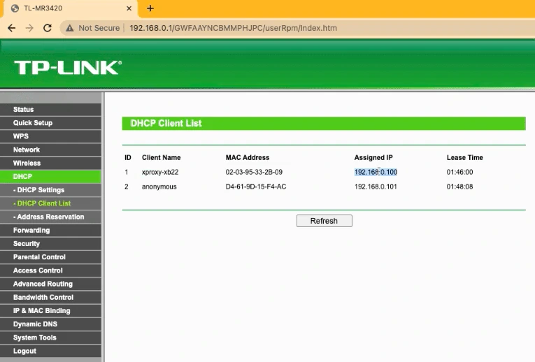 Router DHCP client list showing xproxy
