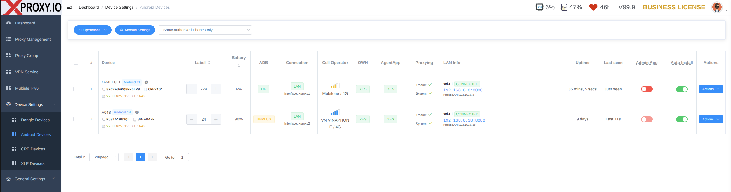XProxy panel showing connected Android devices