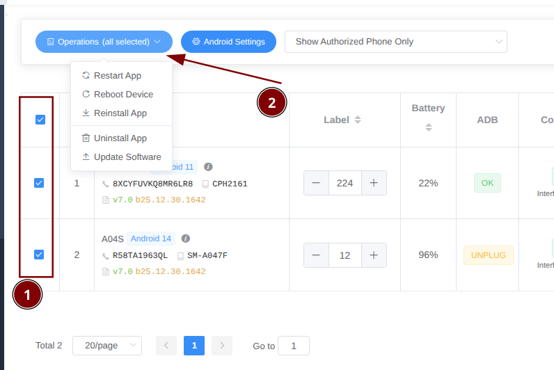Phone actions menu in XProxy panel