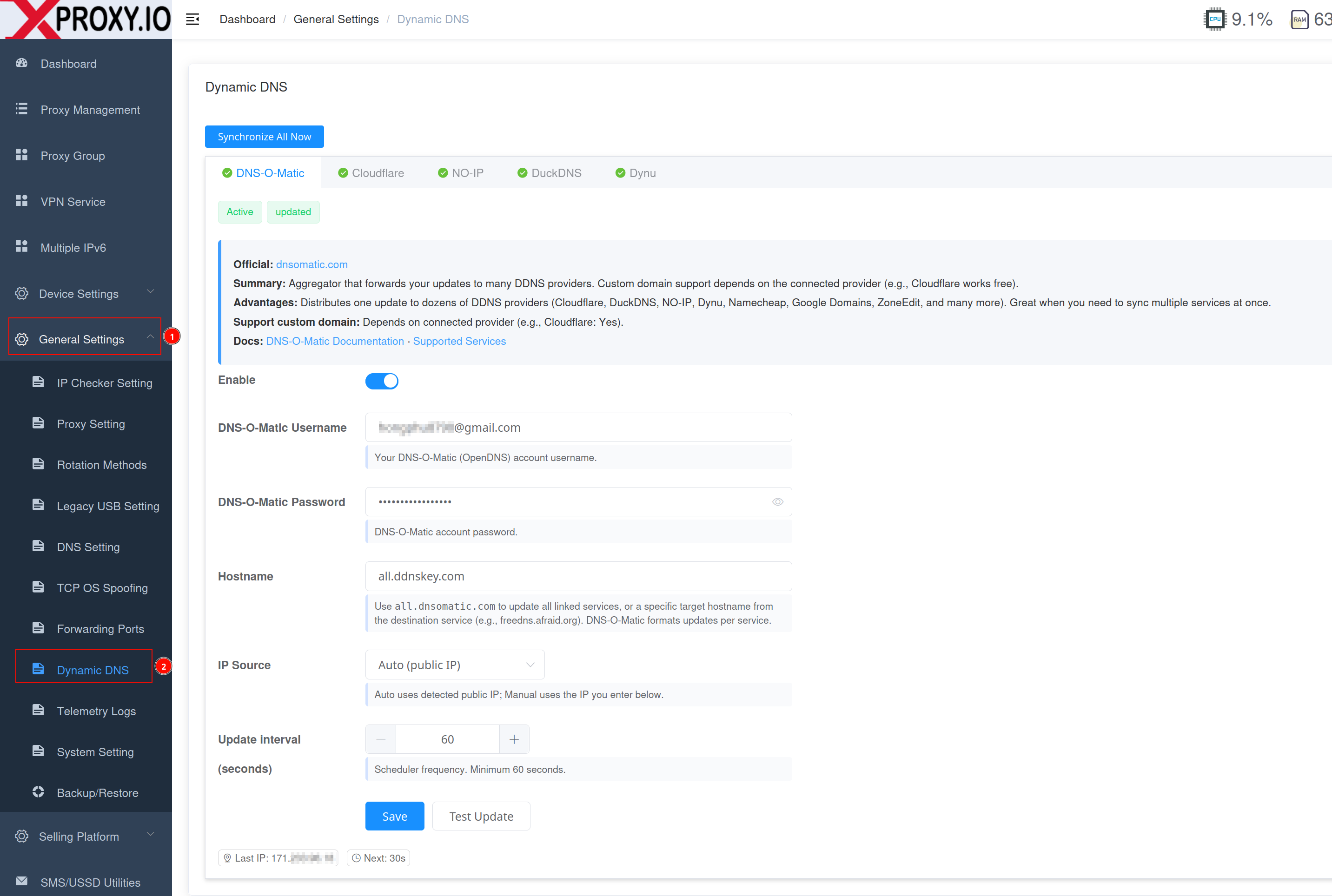 Dynamic DNS settings page