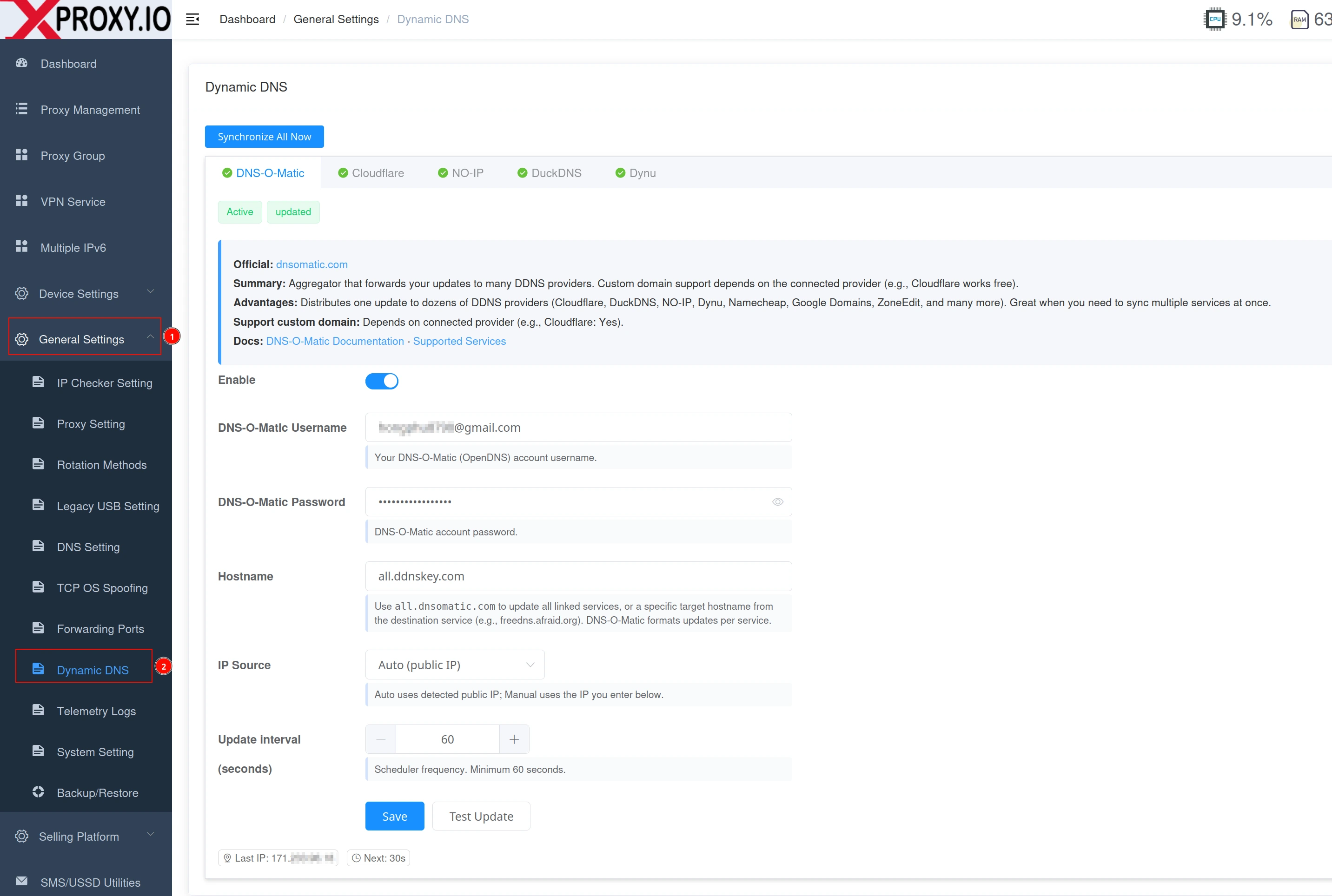 Dynamic DNS settings page