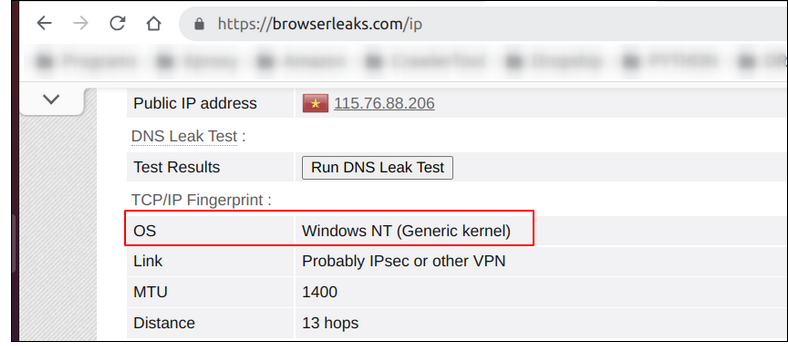 Testing TCP/OS fingerprint with BrowserLeaks