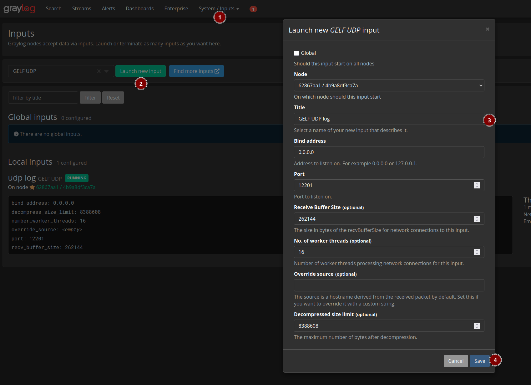Graylog GELF UDP input