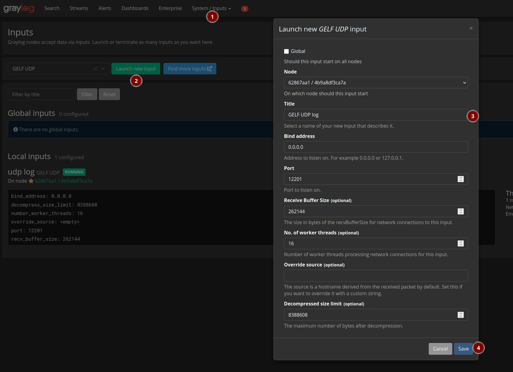 Graylog GELF UDP input
