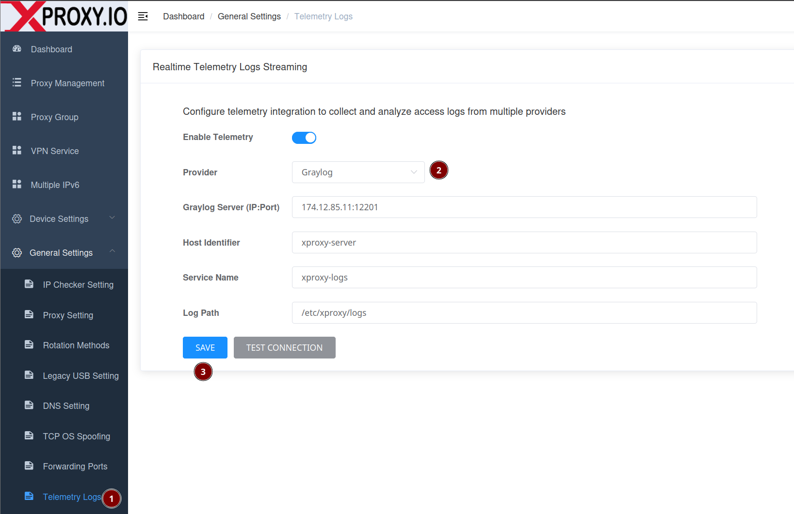 XProxy Graylog configuration form