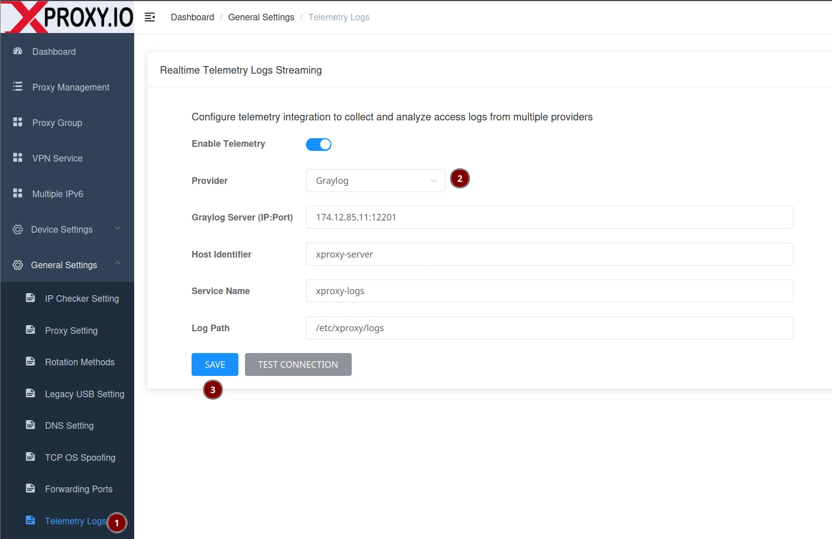 XProxy Graylog configuration form