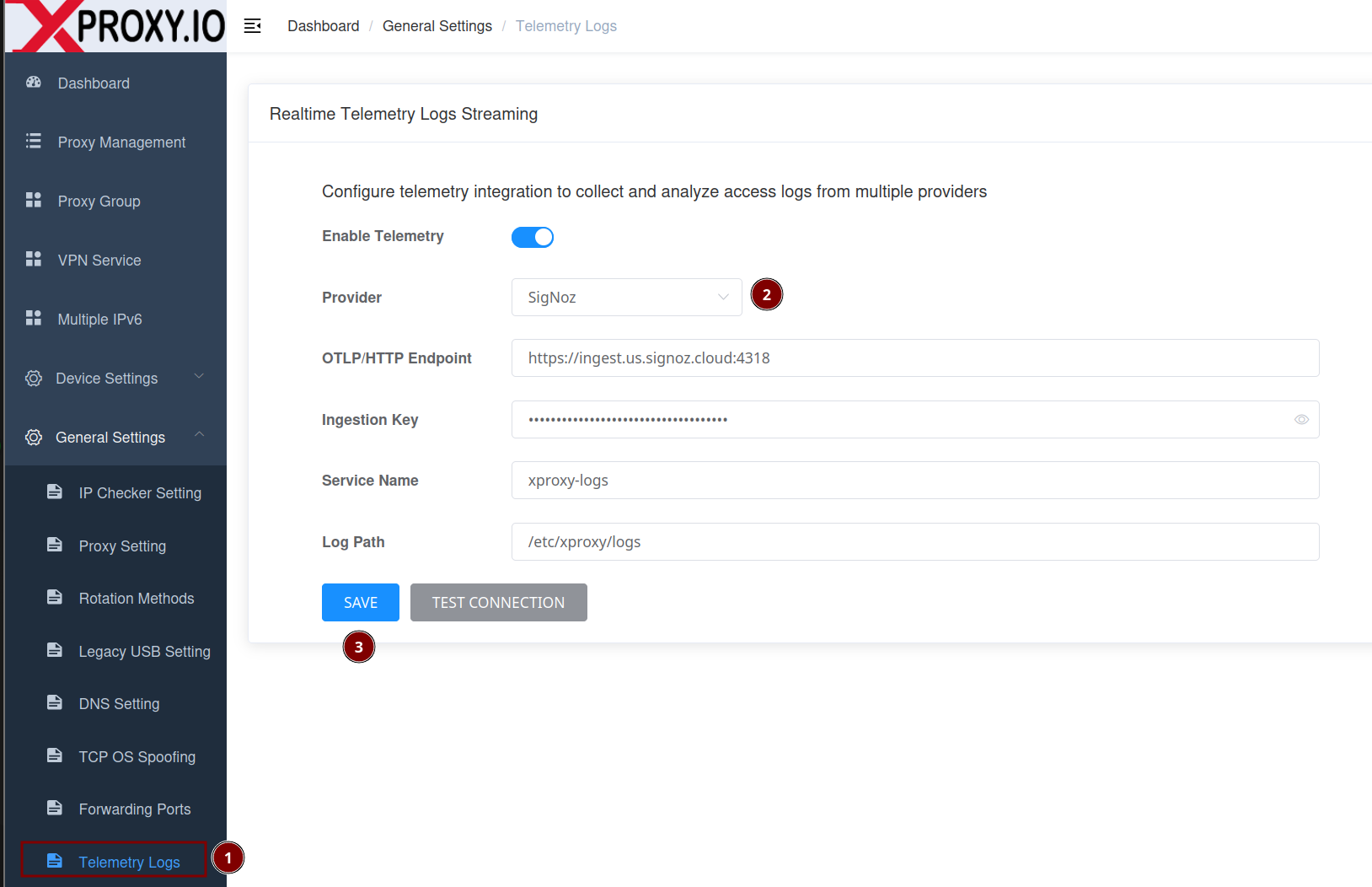 XProxy SigNoz configuration form