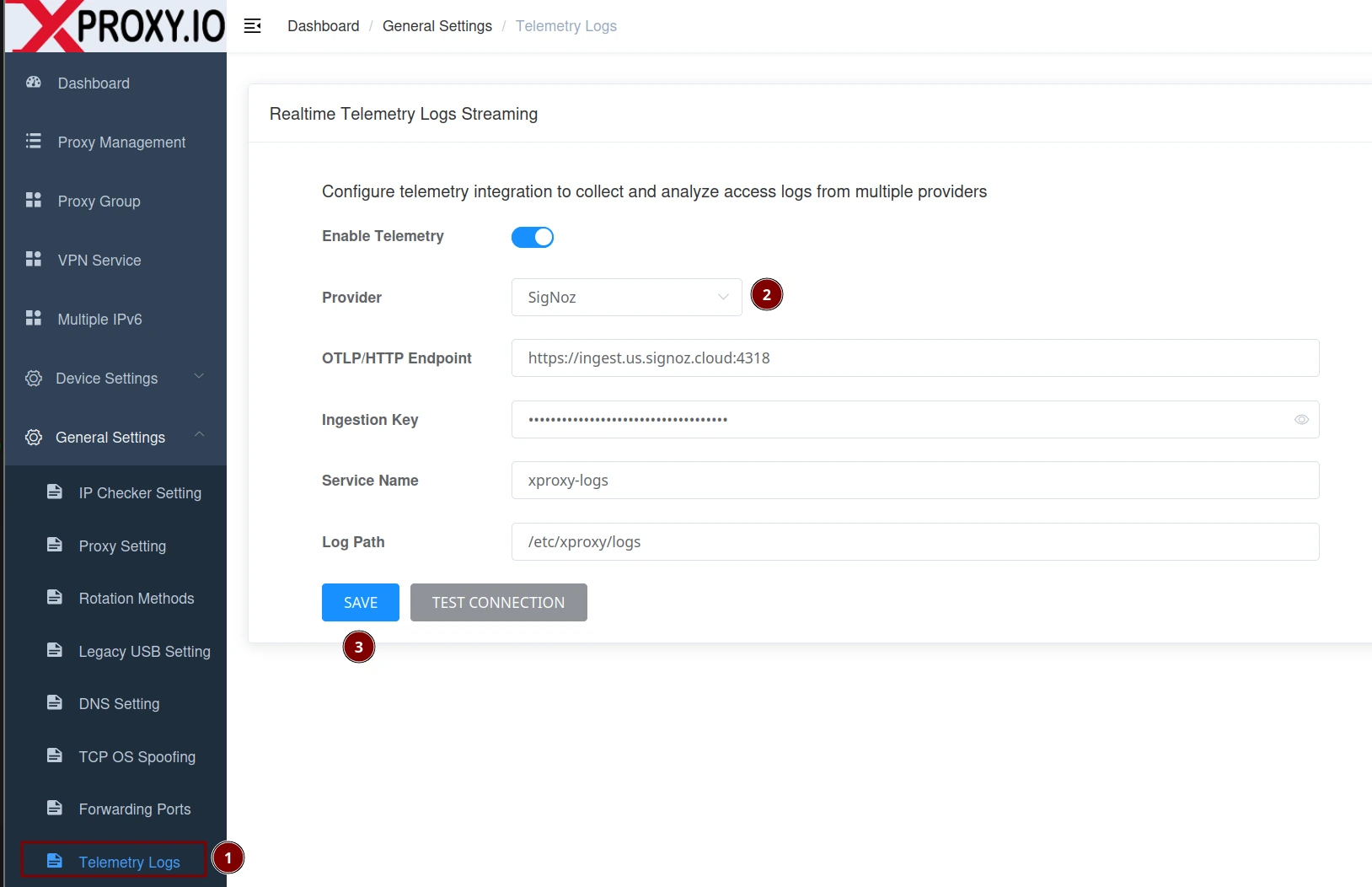 XProxy SigNoz configuration form