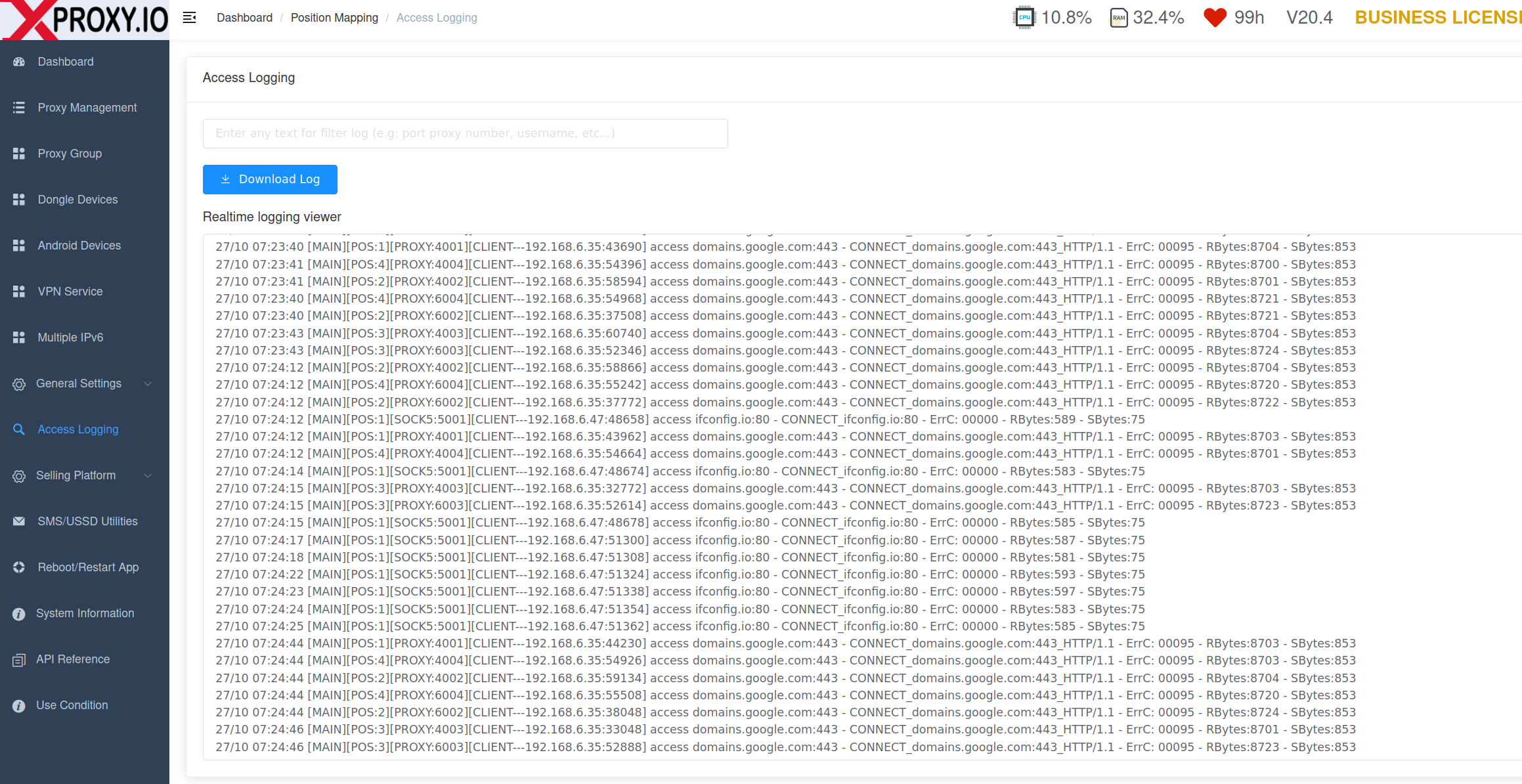 XProxy access logging dashboard
