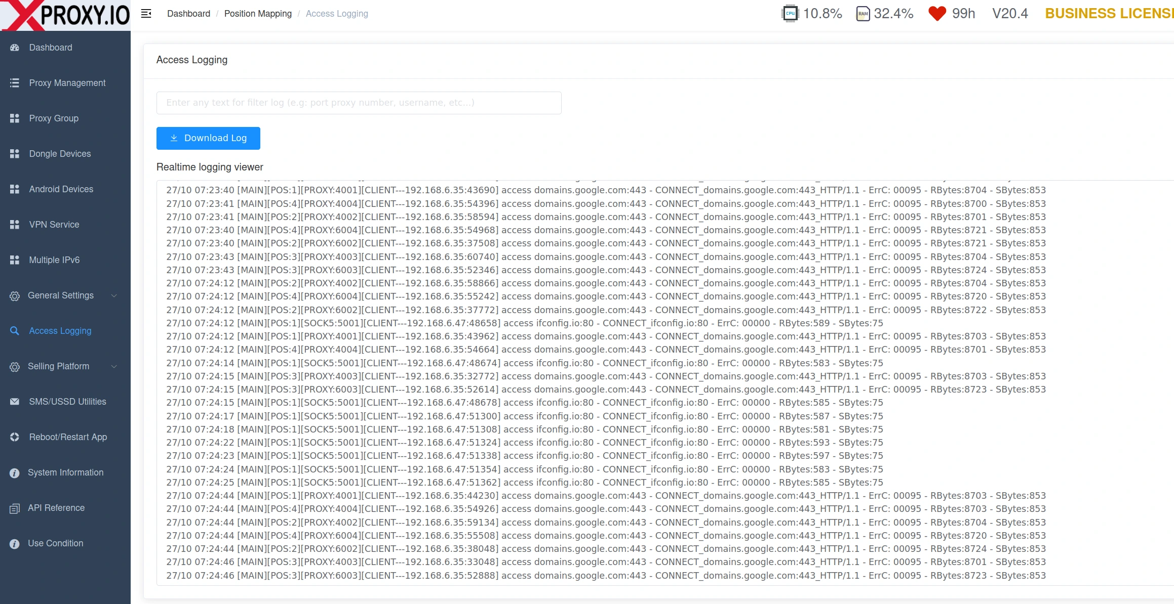 XProxy access logging dashboard