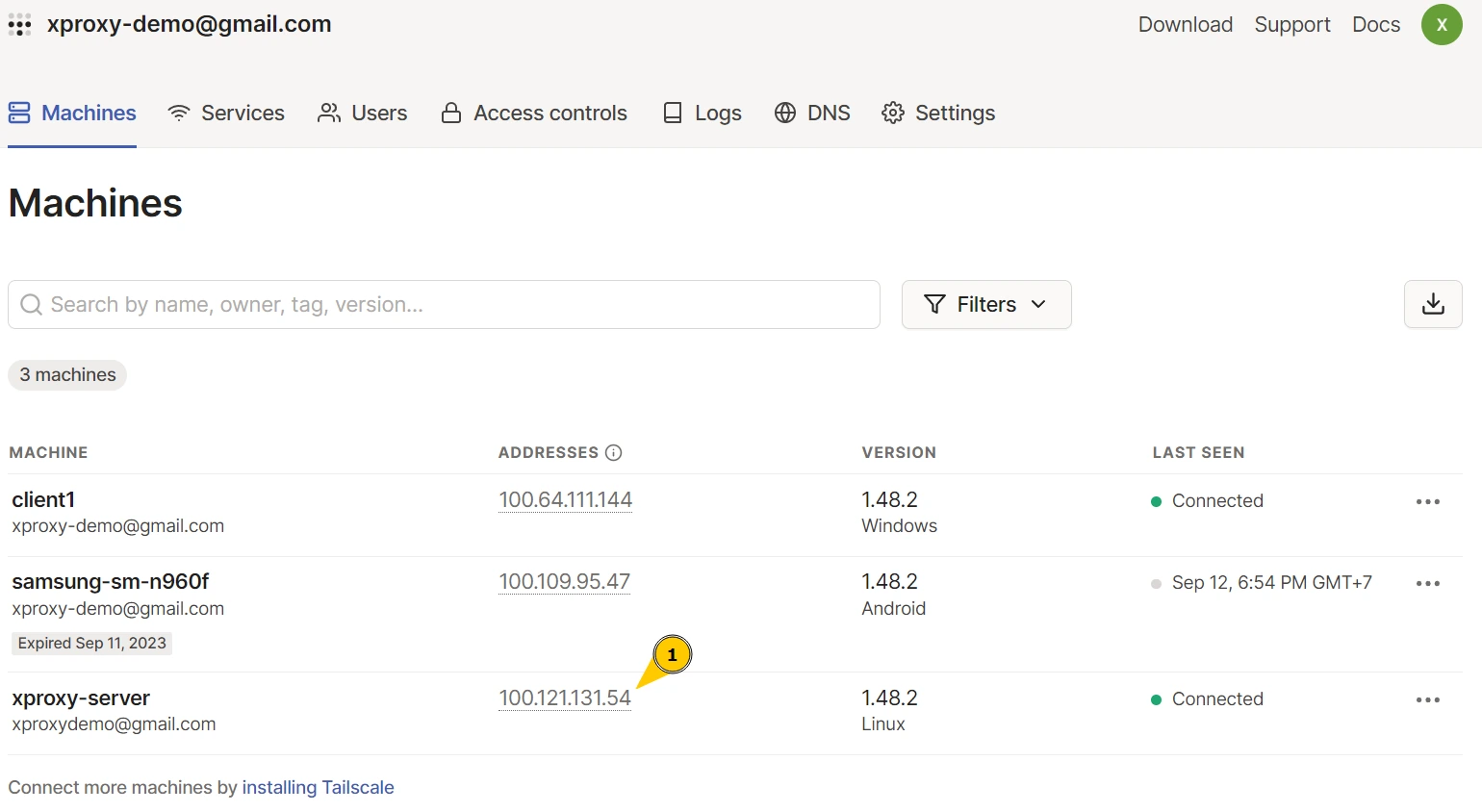 Tailscale dashboard nodes list