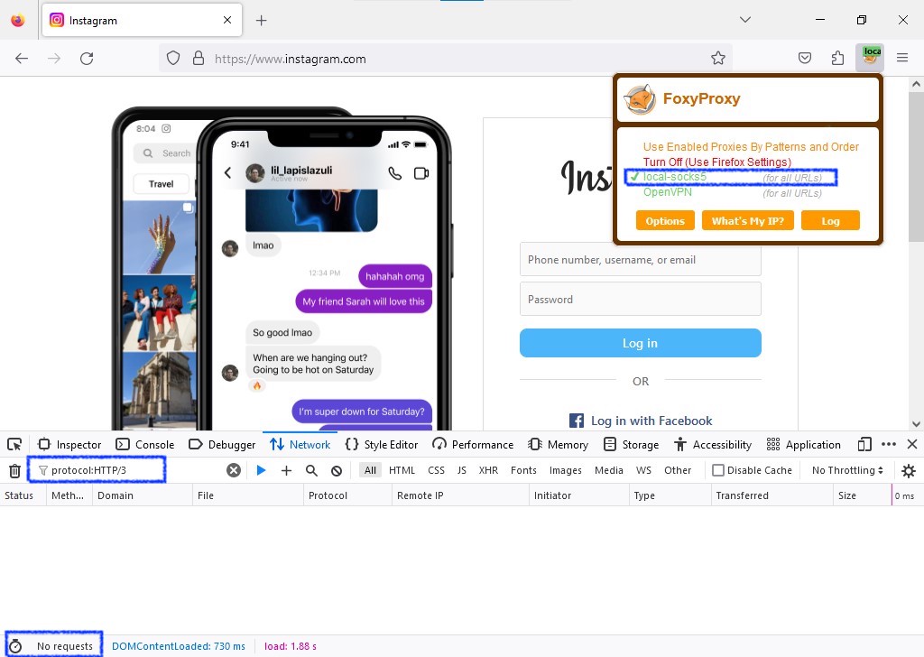 Instagram with socks5 proxy and FoxyProxy, no HTTP/3