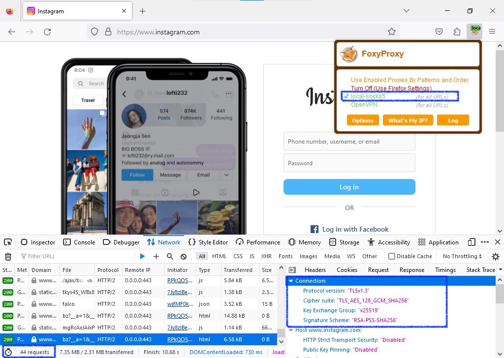 Instagram with socks5 proxy and FoxyProxy, only HTTP/2 and TLS v1.3