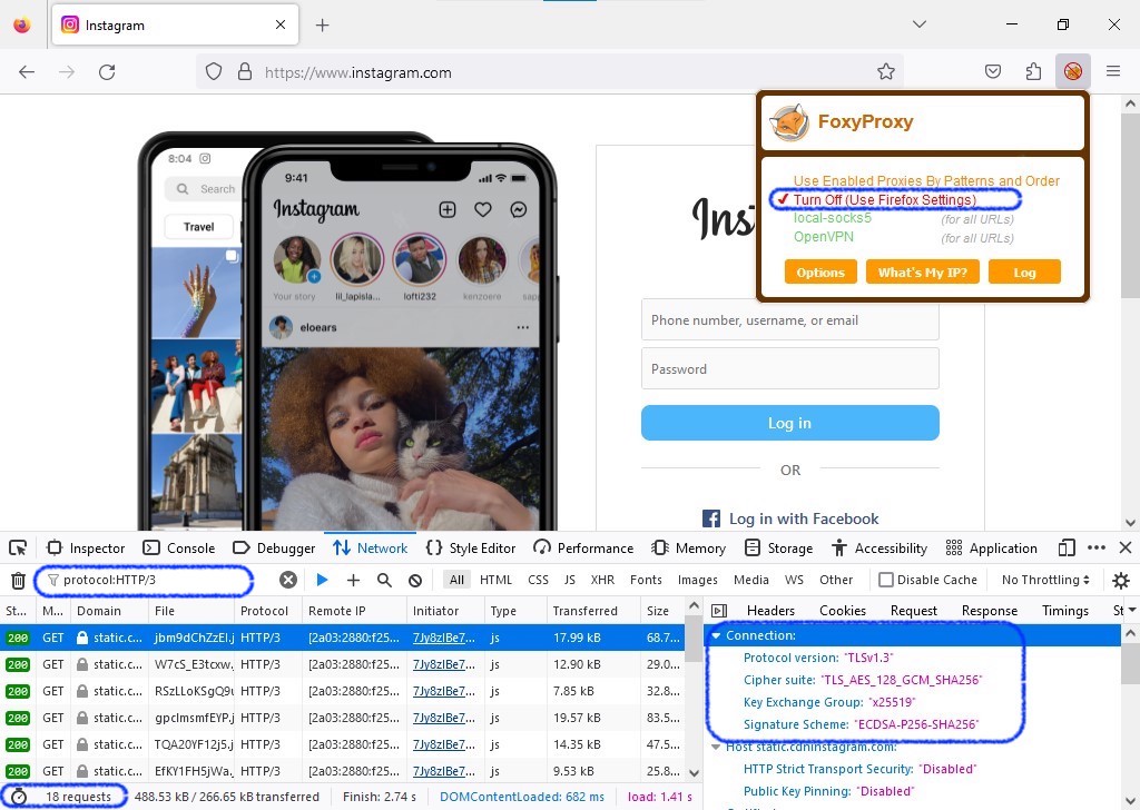 Instagram without proxy and HTTP/3 QUIC working