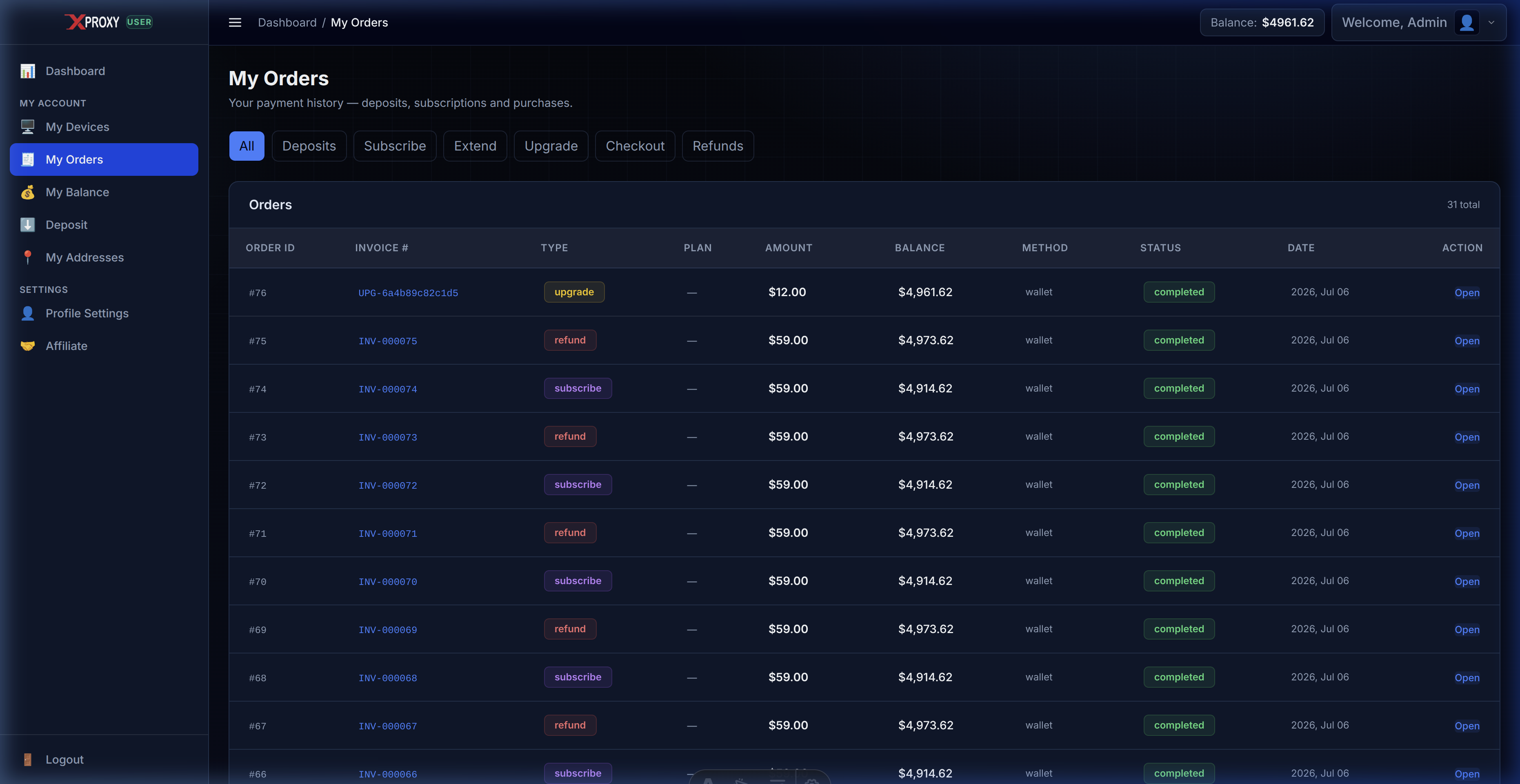 XProxy Invoices Billing History Page