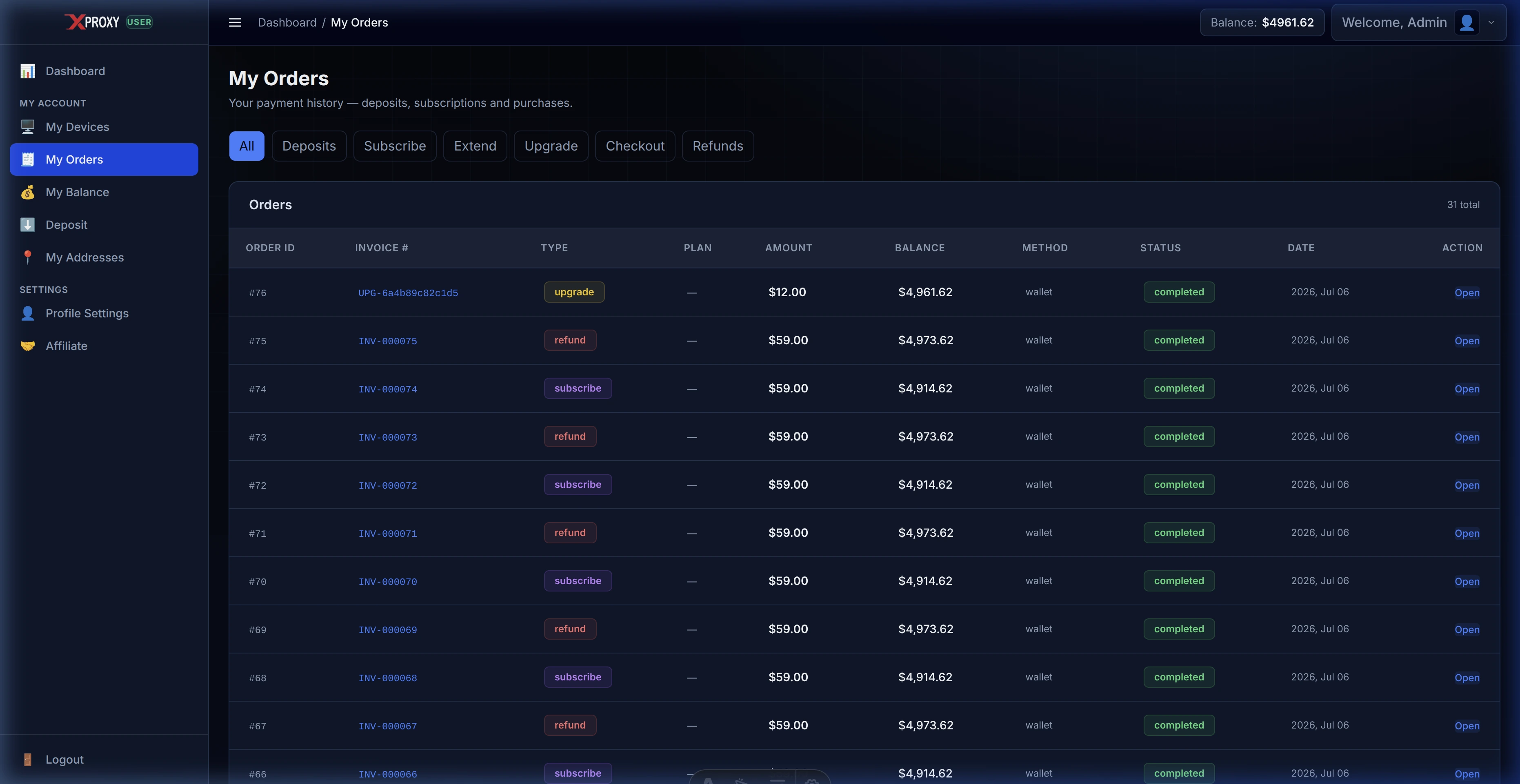 XProxy Invoices Billing History Page