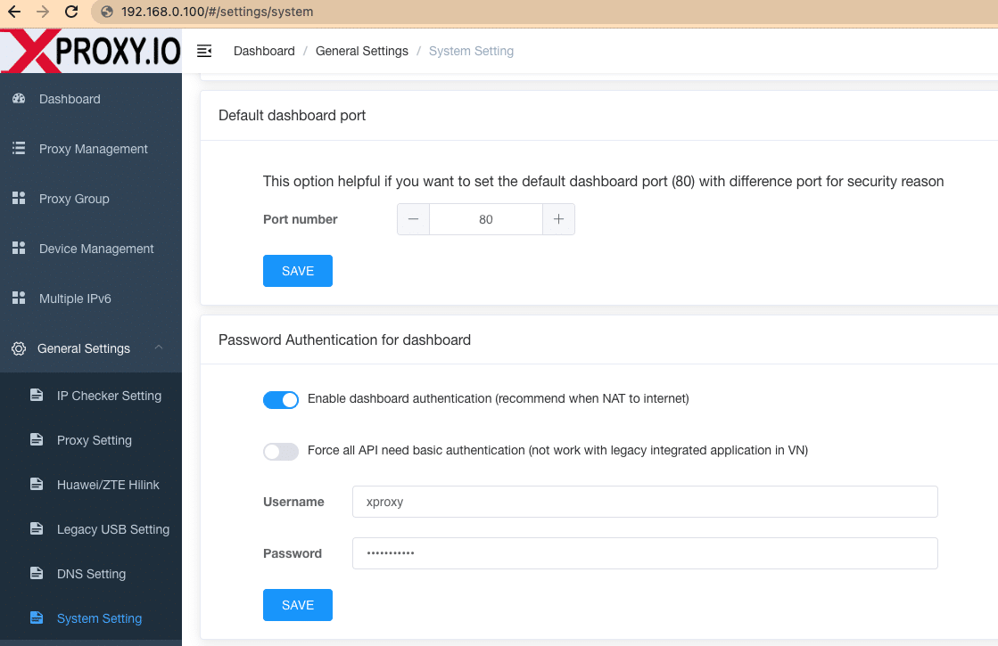 Password authentication for dashboard