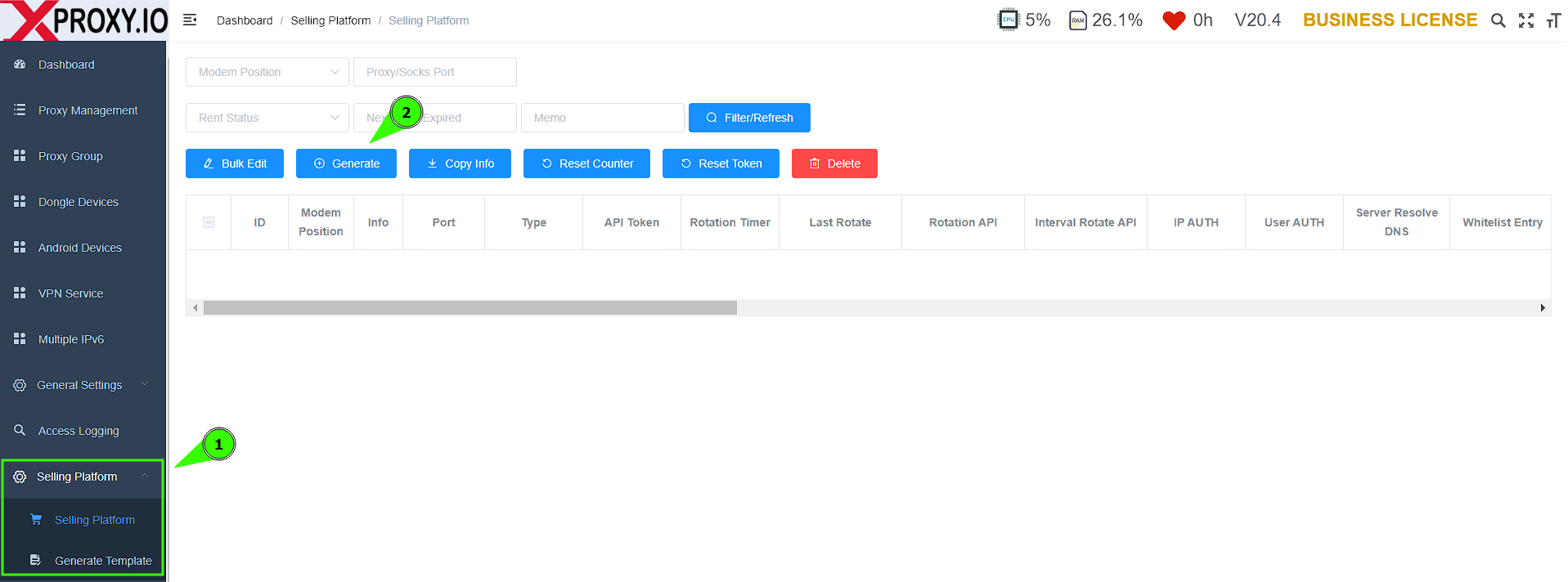 Selling Platform menu