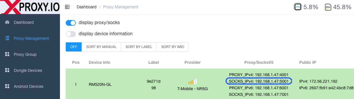 Socks5 proxy of XProxy