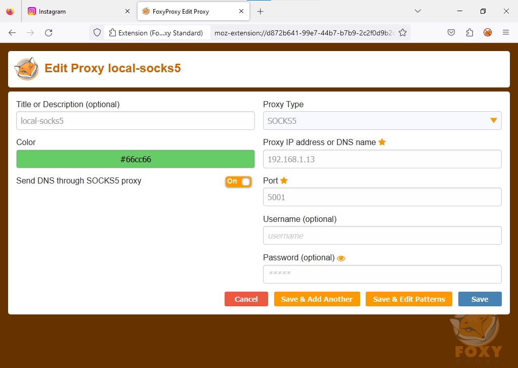 Setup socks5 proxy of XProxy to FoxyProxy of Firefox