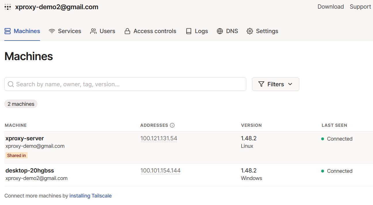Tailscale Dashboar of client and see xproxy server