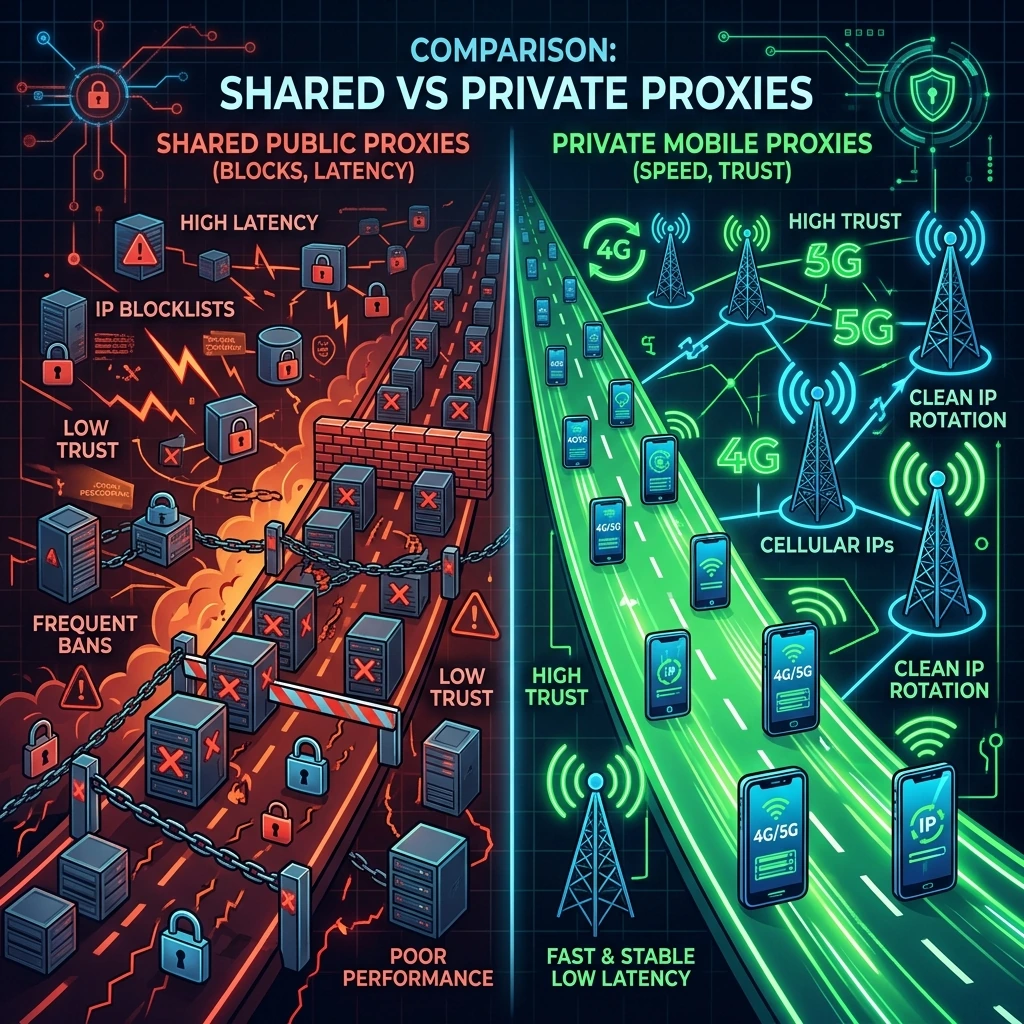 Comparison: Shared Public Proxies vs. Private Mobile Proxies