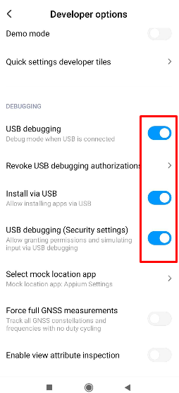 Realme USB debugging options