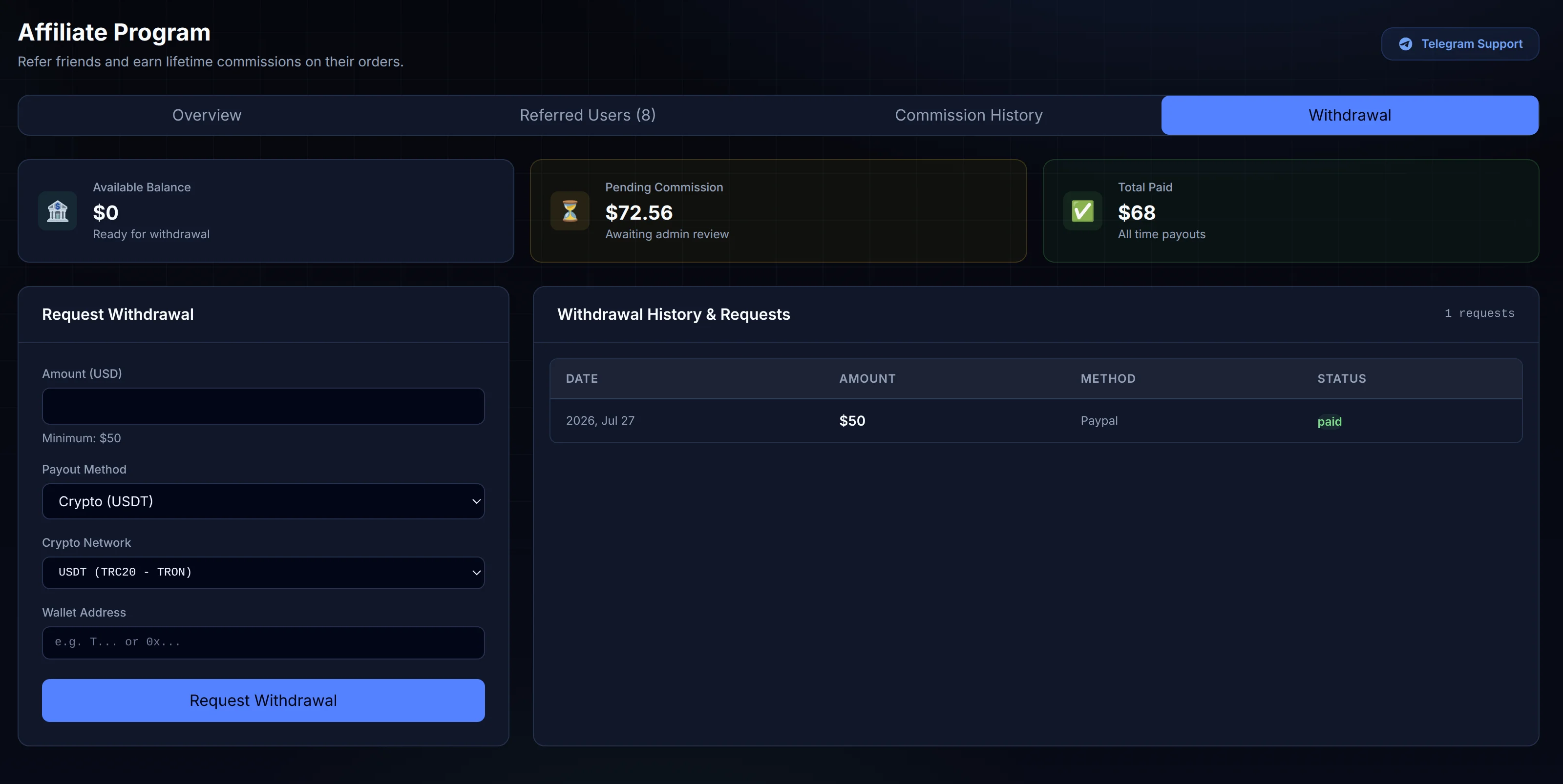 7. Request Crypto USDT Payouts Anytime