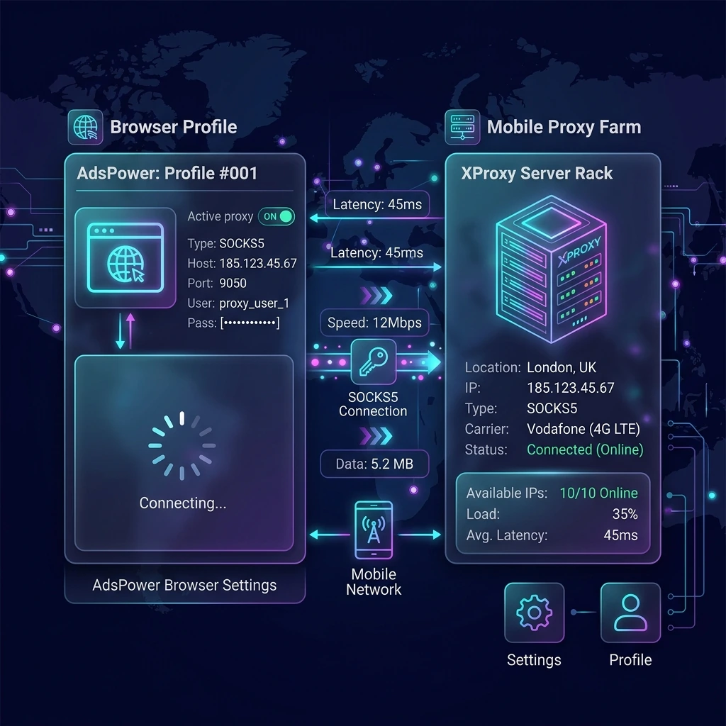 AdsPower and XProxy SOCKS5 mobile proxy farm integration diagram