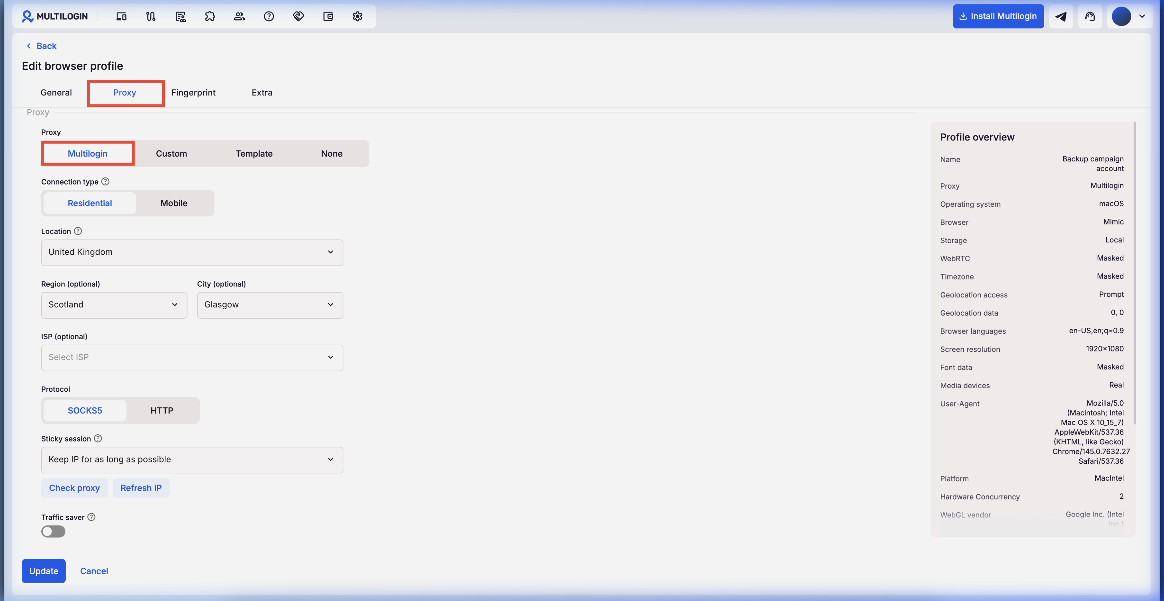 Multilogin Official Proxy Connection Setup Screen