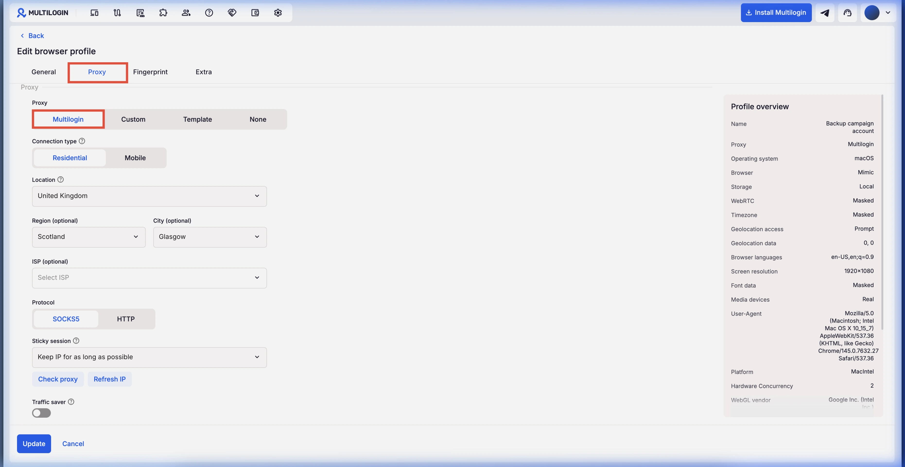 Multilogin Official Proxy Connection Setup Screen