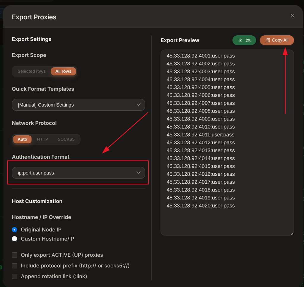 XProxy Export Proxies Modal Settings